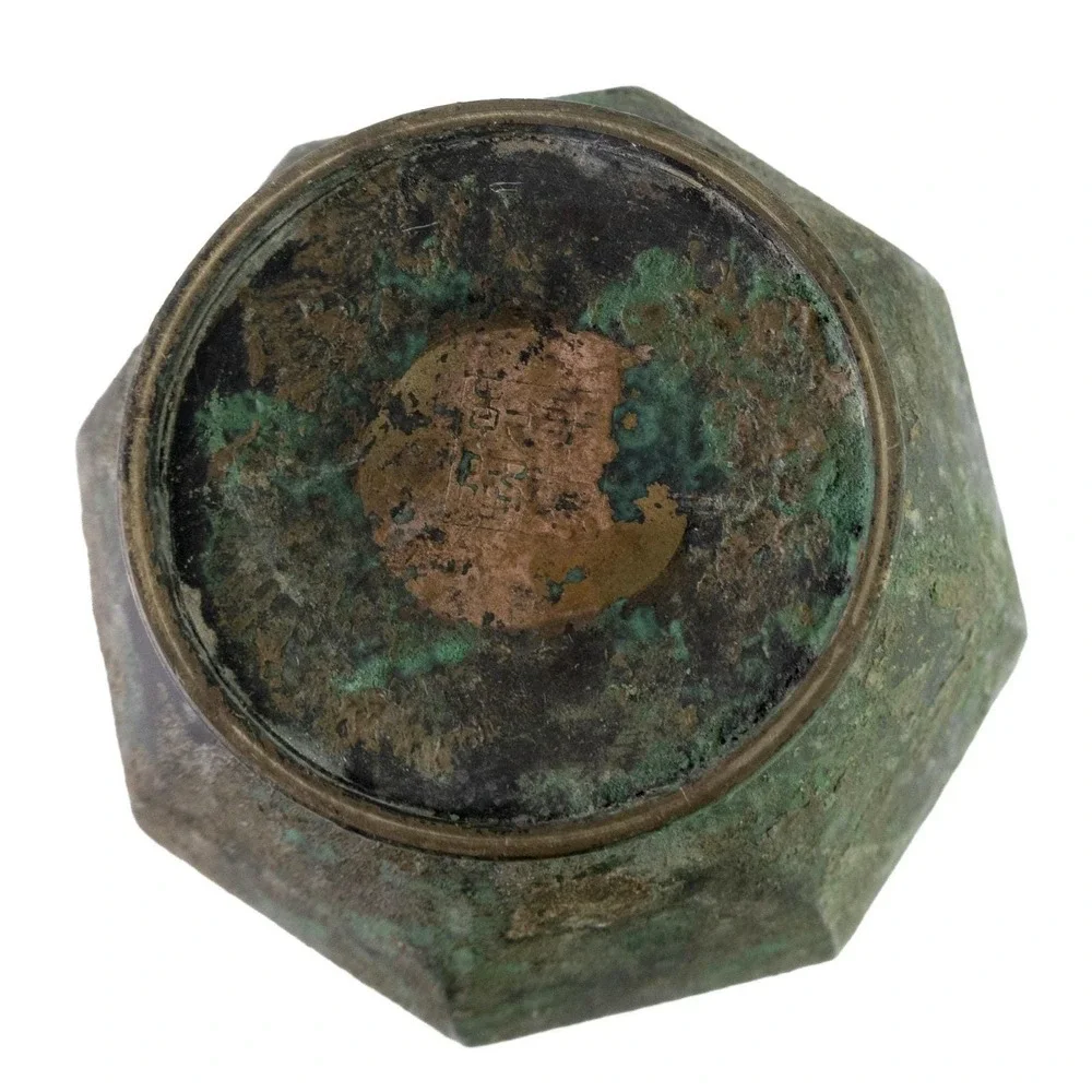 Chinese Bronze Octagonal Long Neck Vase Verdigris Patina